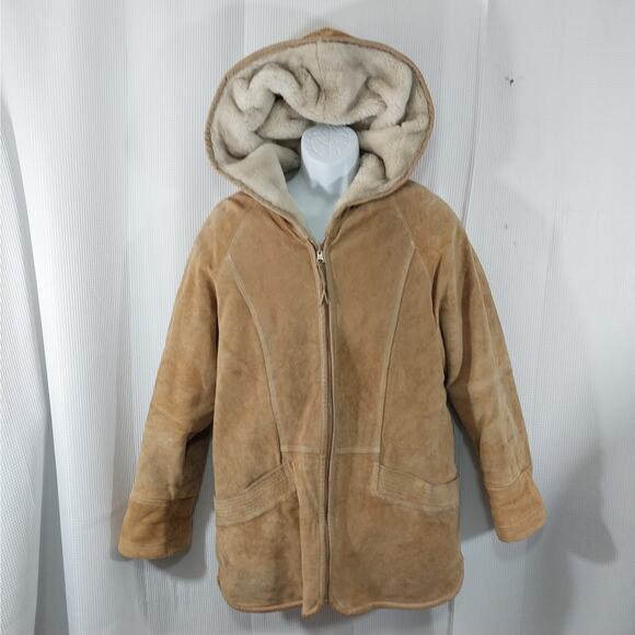 WINLIT! LUXE FAWN BEIGE/TAN GENUINE SUEDE LEATHER SHERPA, HOODIE COAT! SZ M - Picture 4 of 16
